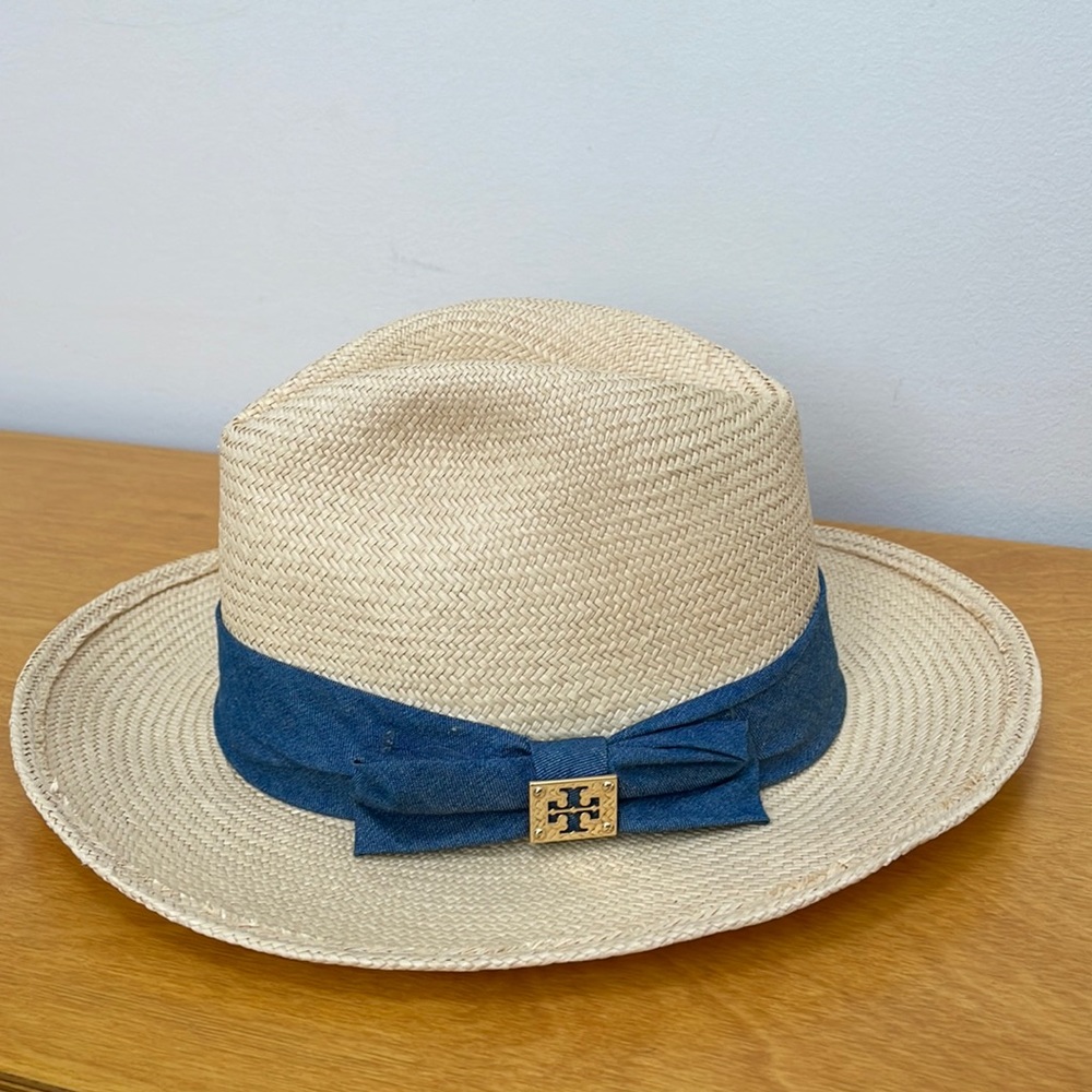 COPY - Tory Burch strew hat with denim ribbon with gold logo